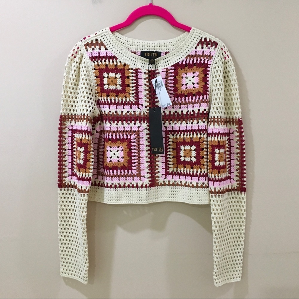 NWT Truth Womens S Crochet Granny Square Sweater Sunset Multi Boho Crop Top